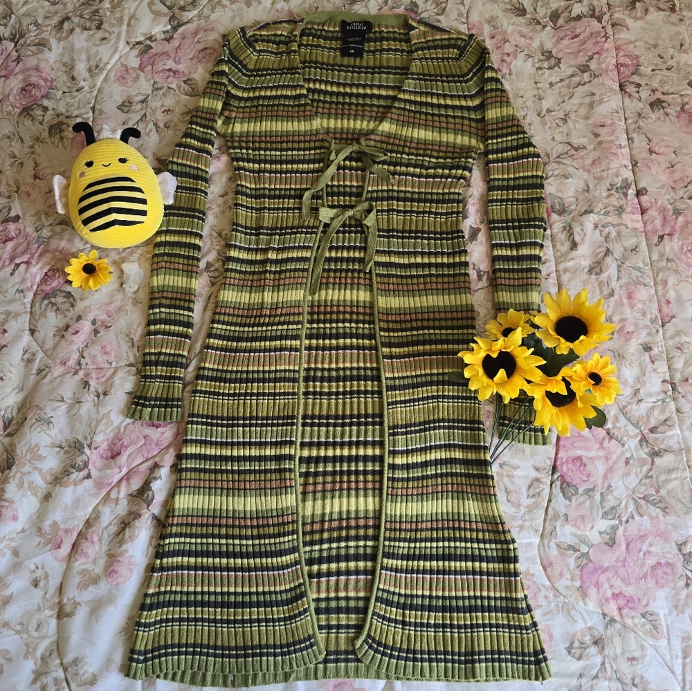 striped duster cardigan – social collision longline knit sweater (size large)